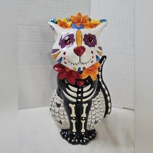 Blue Sky Clayworks Sugar Skull Cat Skeleton Tealight Candle Holder  11"